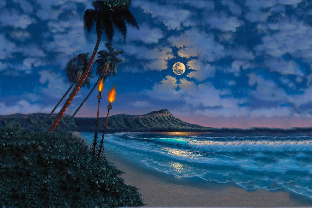 棕榈树,月亮,海洋,火炬,天空,沙滩,云