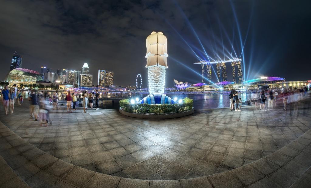 连城,摩天大楼,建筑,蓝色,灯,灯,喷泉,晚上,新加坡