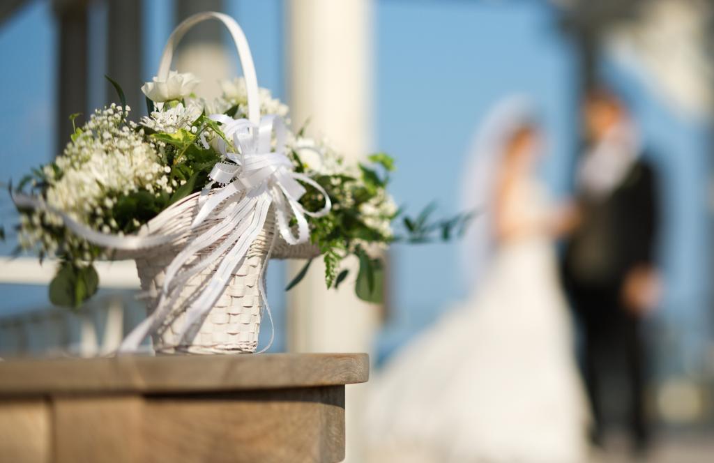新娘,鲜花,婚礼,磁带,花束,散景,新郎,篮子
