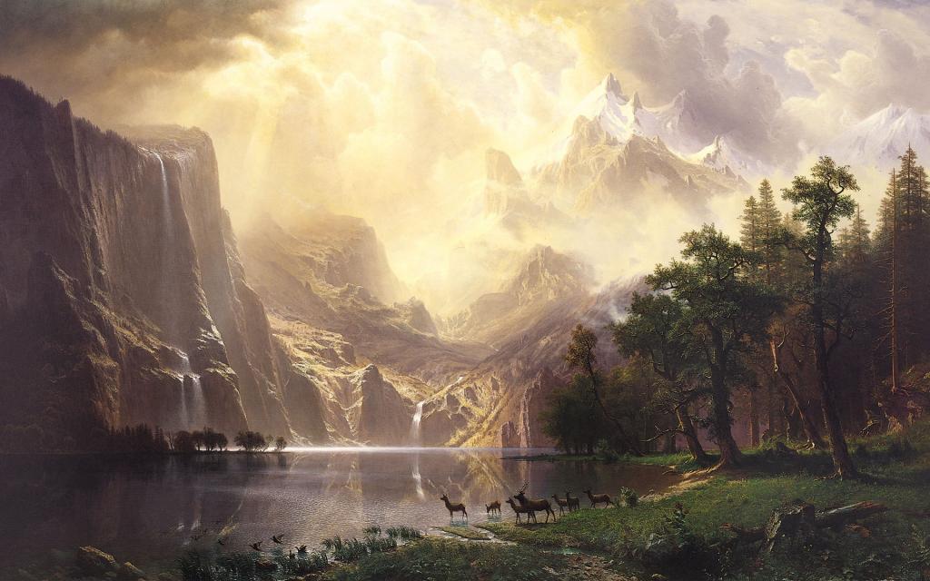 Bierstadt,景观,山脉,瀑布,湖泊,天空,鹿,森林