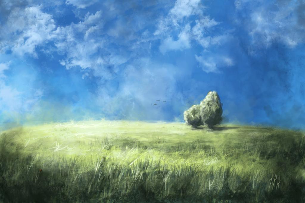 艺术,自然,树木,鸟,田地,天空,草,云