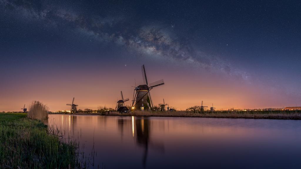 河,风车,通道,水,荷兰,夜晚,银河,天空,星星