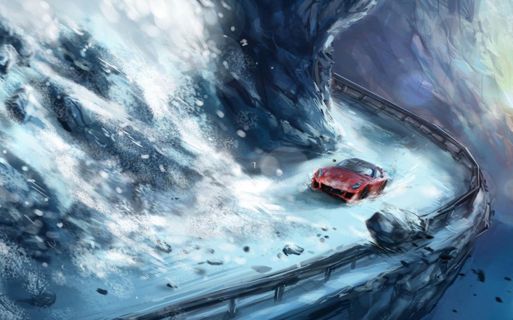 壁纸雪,山,破坏,路,红色的车,高度,雪崩,石头
