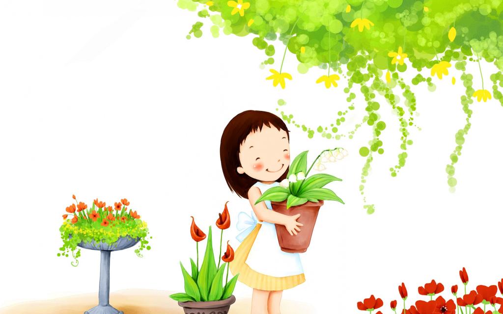 女孩,鲜花,盆,叶子,微笑,宝贝壁纸,花园