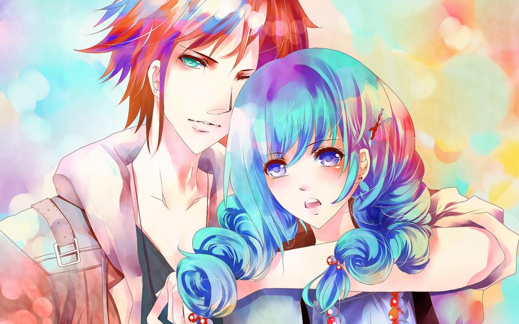 Aiki-ame,对,女孩,艺术,家伙,红珠,蓝色的头发
