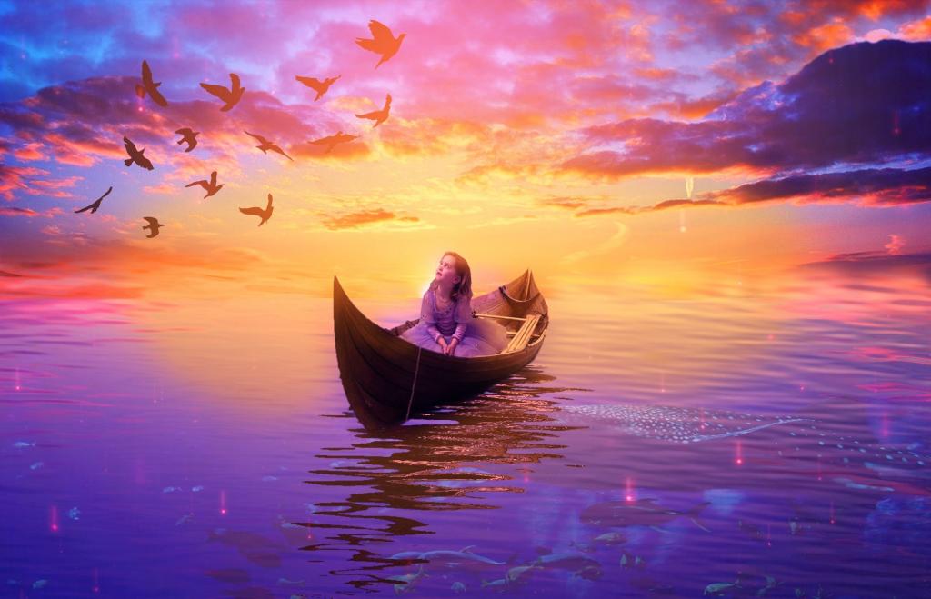 女人骑着独木舟与飞行群鸟与日落作为背景高清壁纸