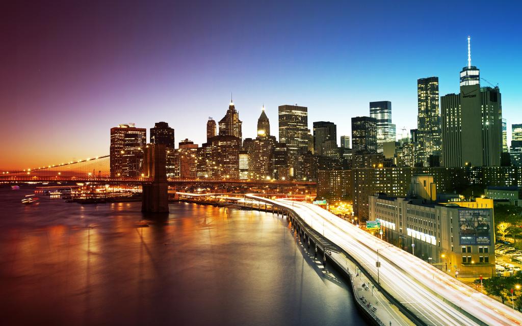 曼哈顿,摩天大楼,桥,纽约市,家,纽约,灯,晚上,长廊,美国