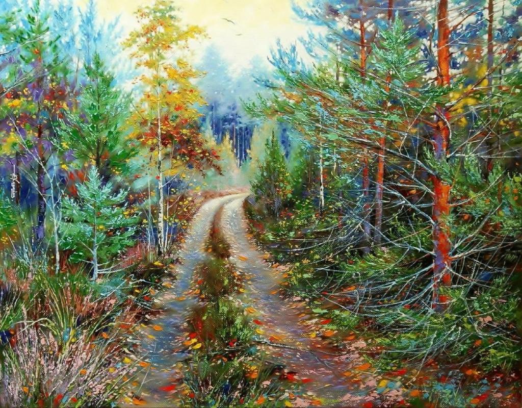 图片,画布,Khodukov,石油,自然,绘画,森林道路,景观