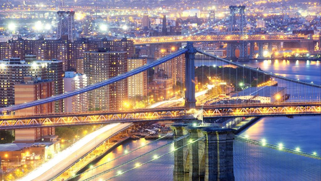 壁纸纽约,桥梁,布鲁克林,纽约,曼哈顿,城市,摘录,灯,晚上,美国