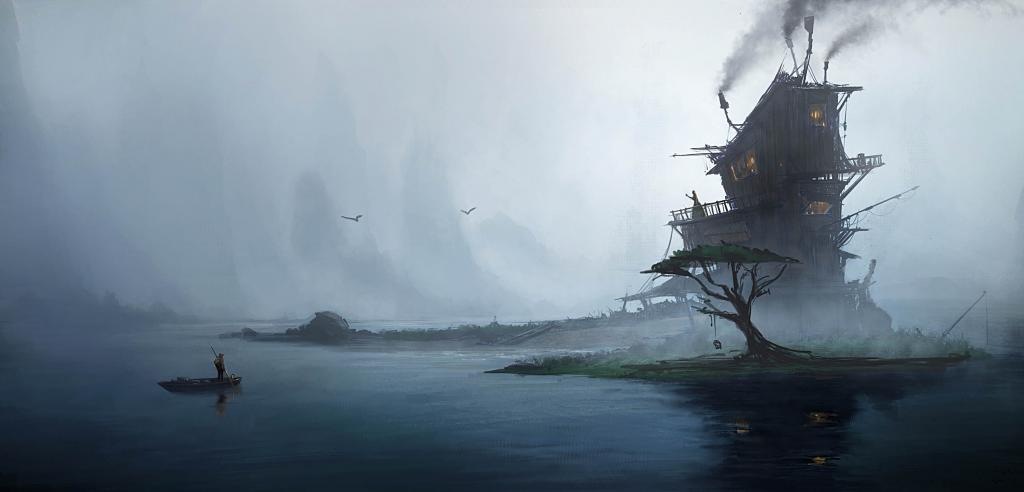 树,伊曼纽尔Shi,船,房子,艺术,雾,人
