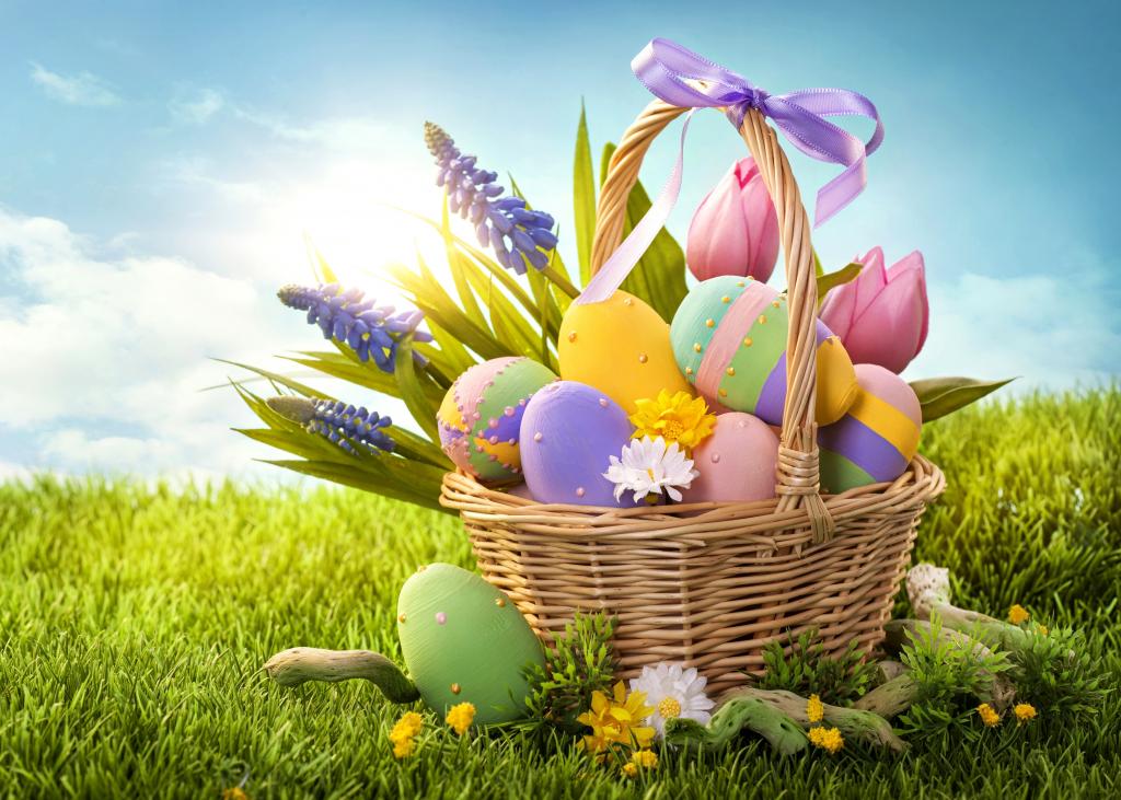 鲜花,假期,草,复活节,鸡蛋,复活节,弓,复活节,篮子,春天