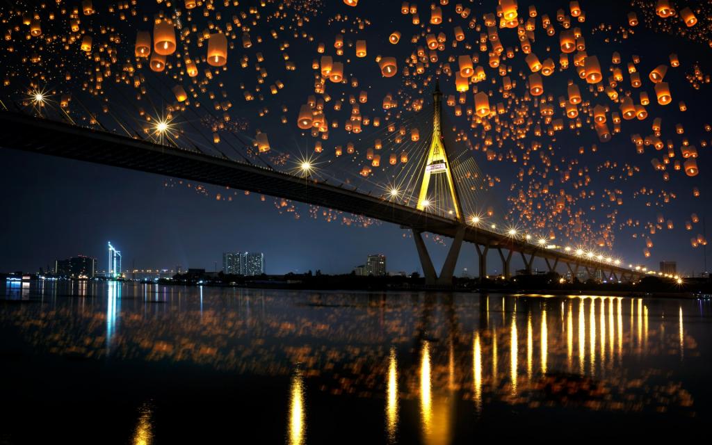 桥,反射,桥,河,城市,灯火,灯光,反射,晚上,夜晚,河流