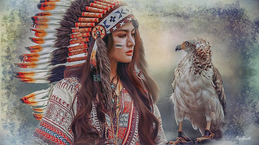 女孩印度人,羽毛,绘画,鸟