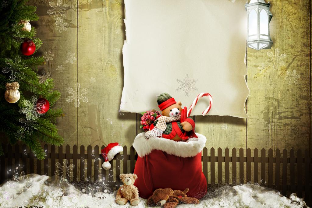 泰迪熊,礼品,雪,树,圣诞装饰品,围栏,袋,灯笼