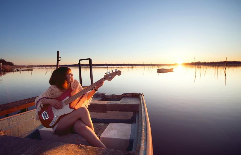 吉他,湖,船,女孩,音乐
