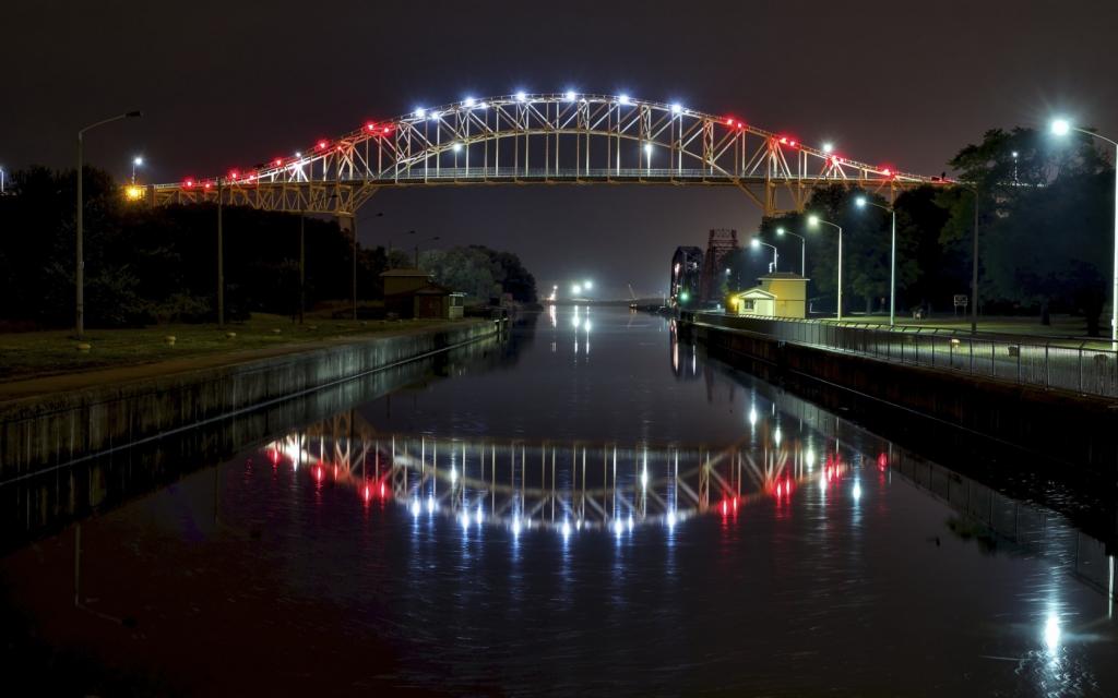 灯,苏Sainte  - 玛丽,安大略省,桥,晚上,加拿大,河