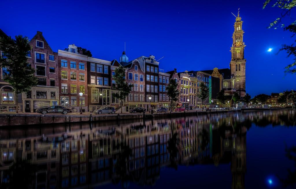教堂,建筑,机器,汽车,海滨长廊,通道,夜间城市,Westerkerk,荷兰,阿姆斯特丹,Prinsengracht ...