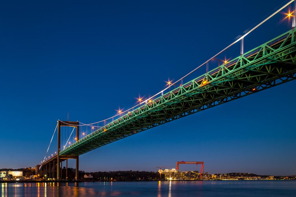 在夜间高清壁纸期间城市天际线和海附近的绿色桥梁