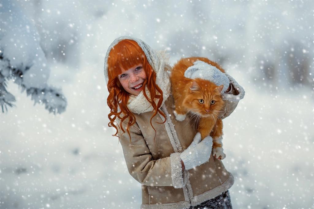 猫,女孩,孩子,雪,红色,冬天,茱莉亚Voinich,卷发,笑声,猫