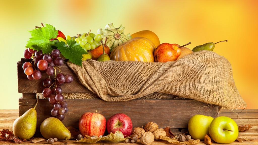 壁纸蔬菜,南瓜,盒子,坚果,粗麻布,收获,水果,梨,苹果,葡萄,秋天