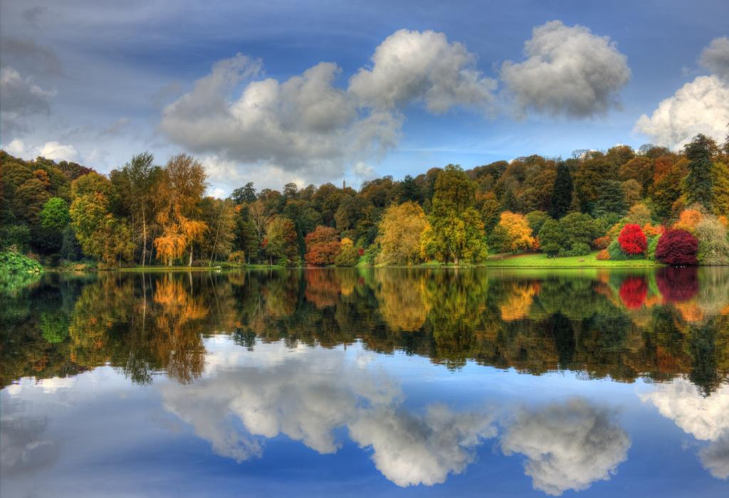 公园,反射,秋天,树,湖,叶子,多彩,天空,云