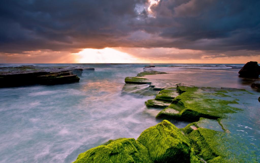 海,岩石,景观,日落
