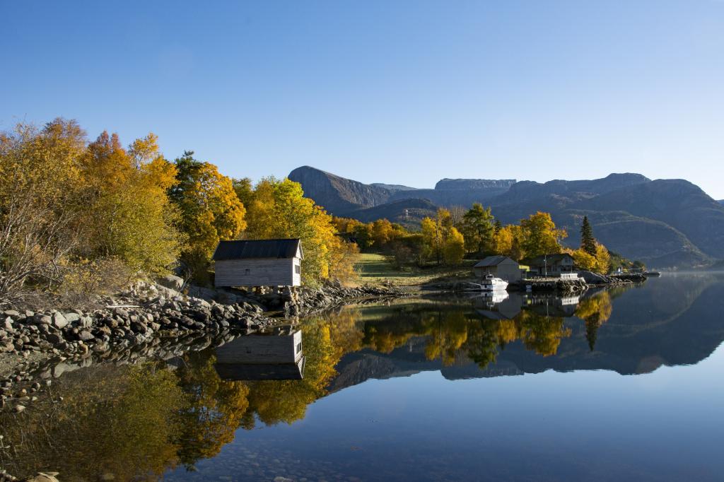 挪威的Midtgulen,松恩和Fjordane,挪威的峡湾,山脉,倒影,房屋
