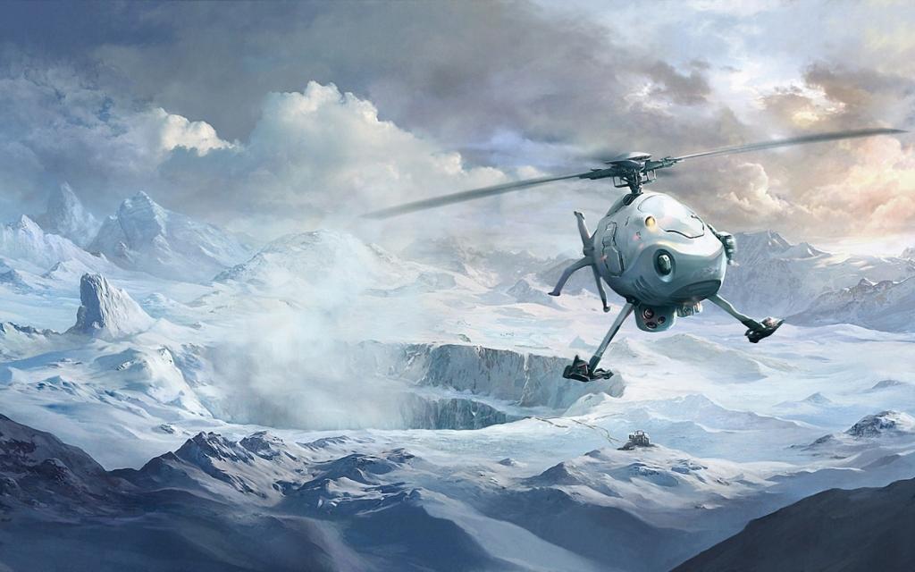 直升机,雪,艺术,冬季,山,云