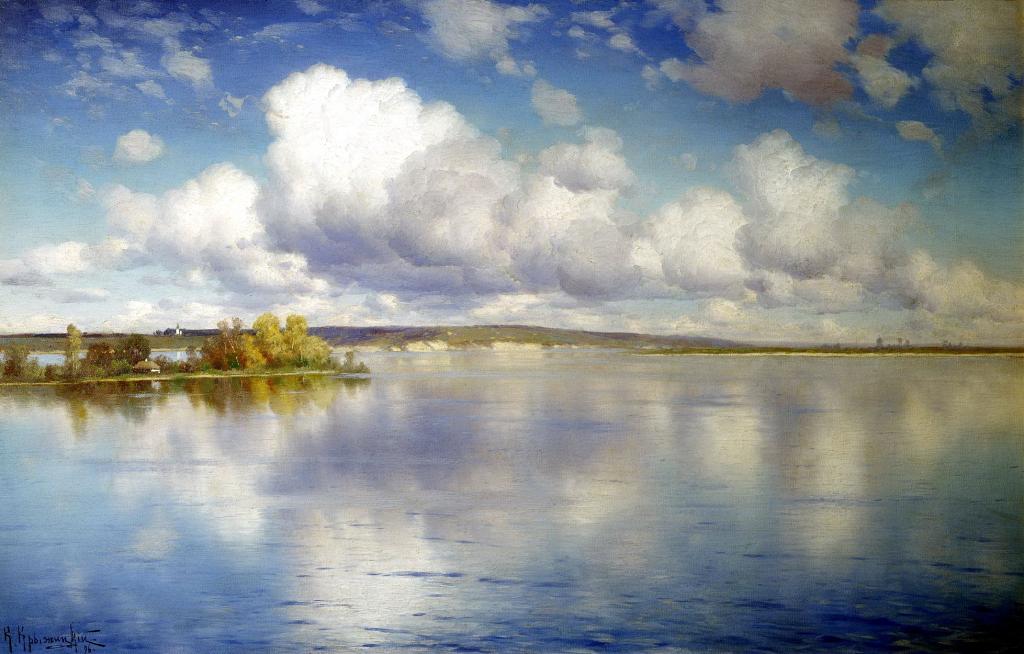 图片,反射,树,岸,Kryzhitsky,绘画,湖,水,云,天空,景观