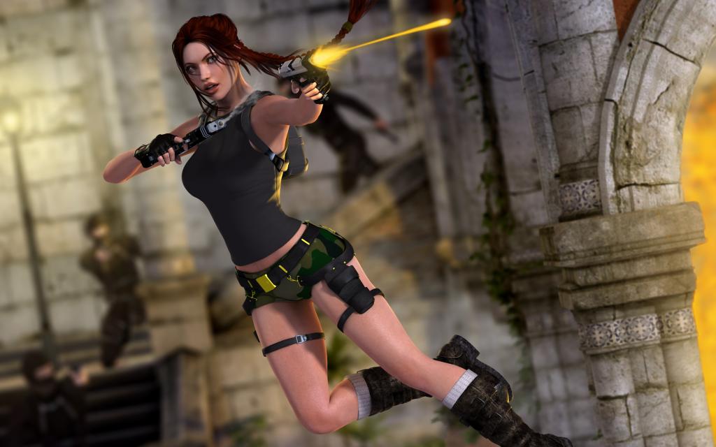 渲染,坟茔入侵者,射击,跳,废墟,枪,女孩,Lara Croft