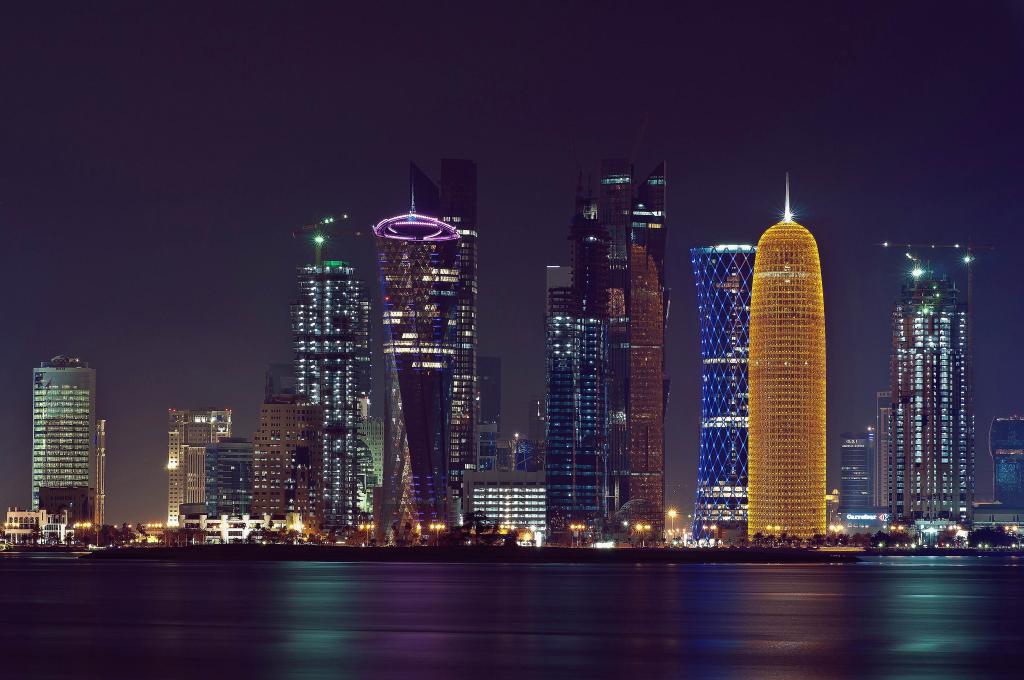 灯,波斯湾,夜晚,多哈,卡塔尔,这个城市