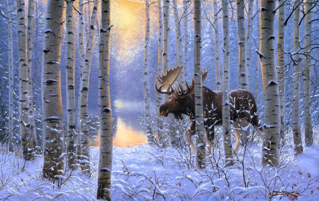 动物,驼鹿,雪,冬天,绘画,在移动,德克汉森,森林