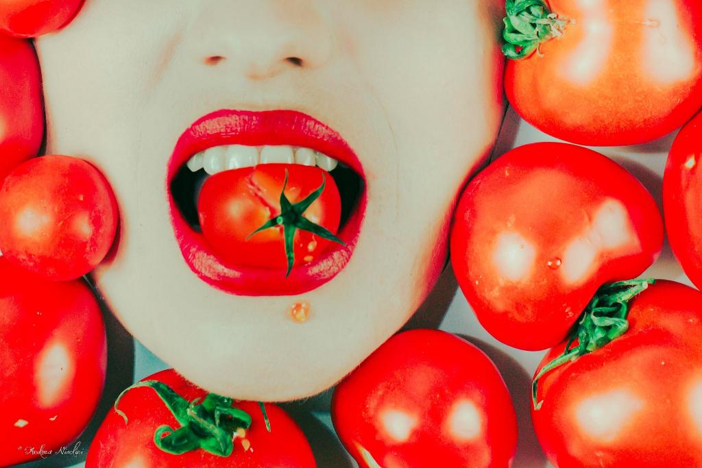 嘴里,西红柿,口红,女孩,西红柿