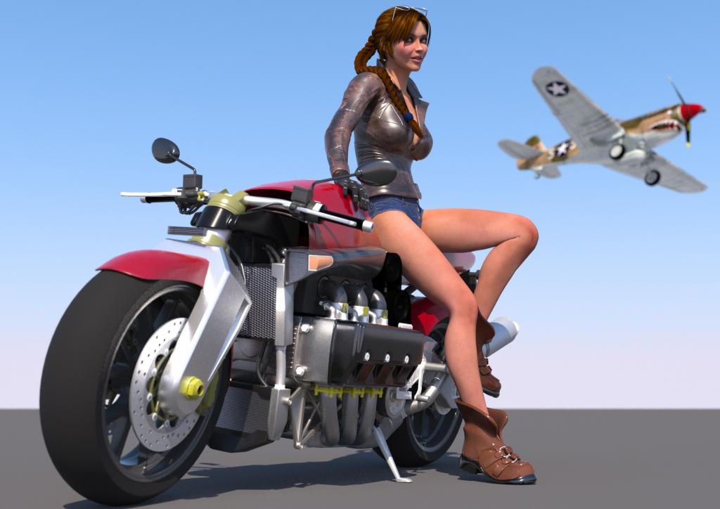 渲染,艺术,飞机,摩托车,可视化,3d,女孩,天空