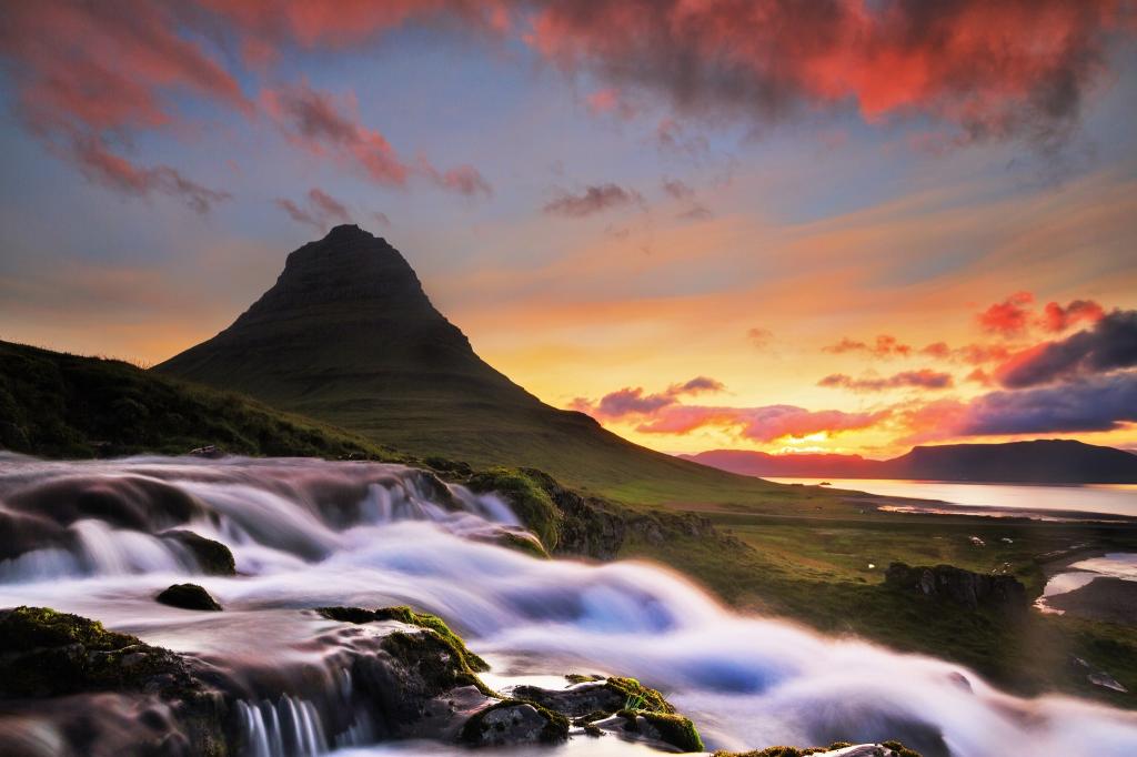 山,早上,瀑布,冰岛,冰岛,Kirkjufell,黎明,河,云