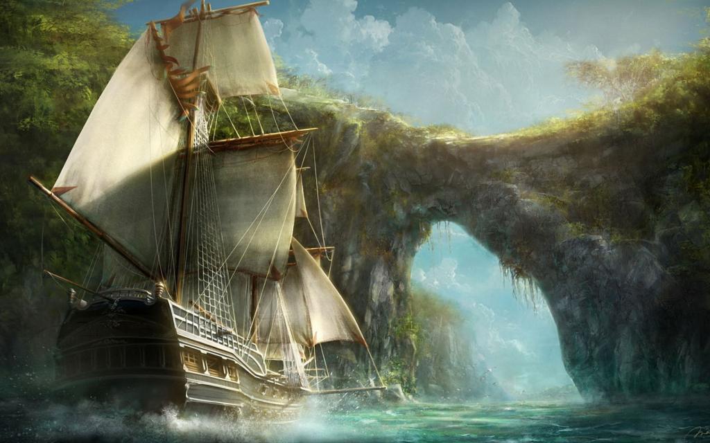 壁纸船,艺术,岸,拱门,帆船,帆,绿色,最大的琴,岩石,河,景观