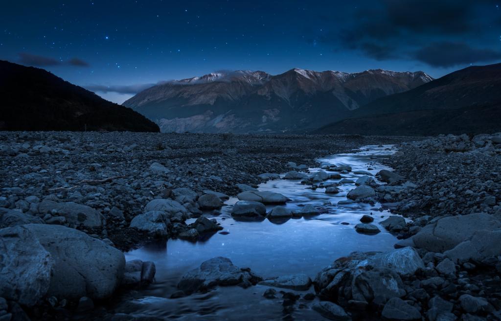 山河,晚上,山,流,南阿尔卑斯山,星星,石头