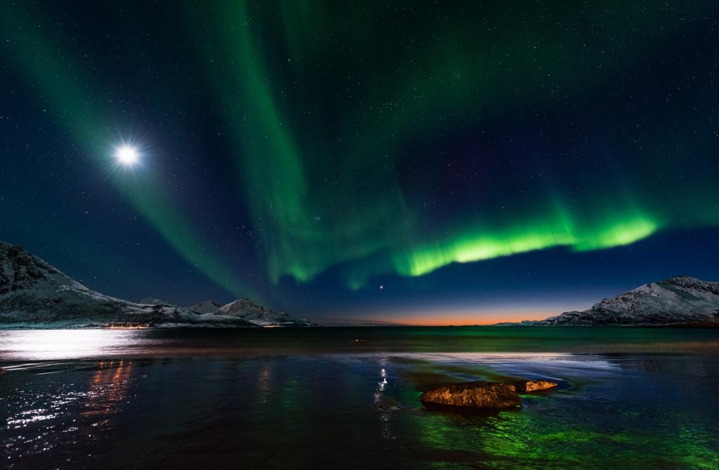 水,晚上,挪威,北极光,树木,星星