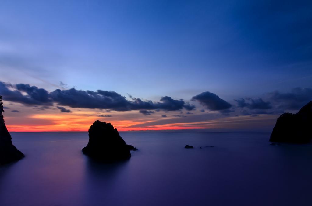 平静,岛,岸,日本,晚上,橙色,蓝色,海洋,天空,岩石,日落,云,...