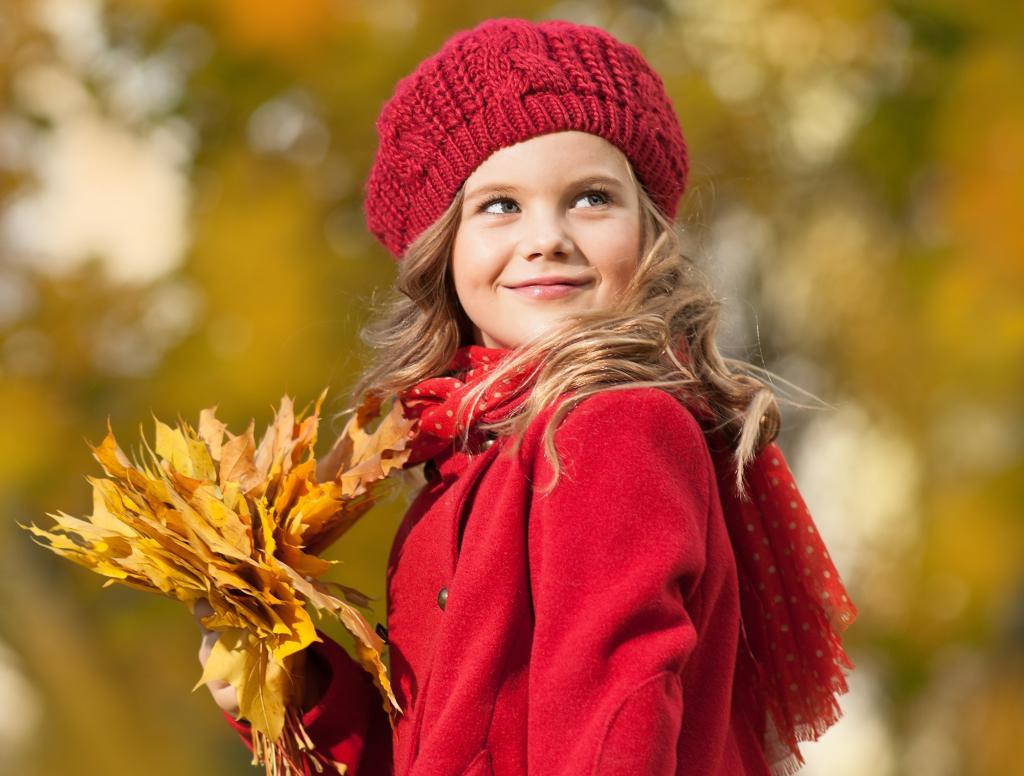 女孩,看,帽,外套,金发,微笑,叶子,秋天