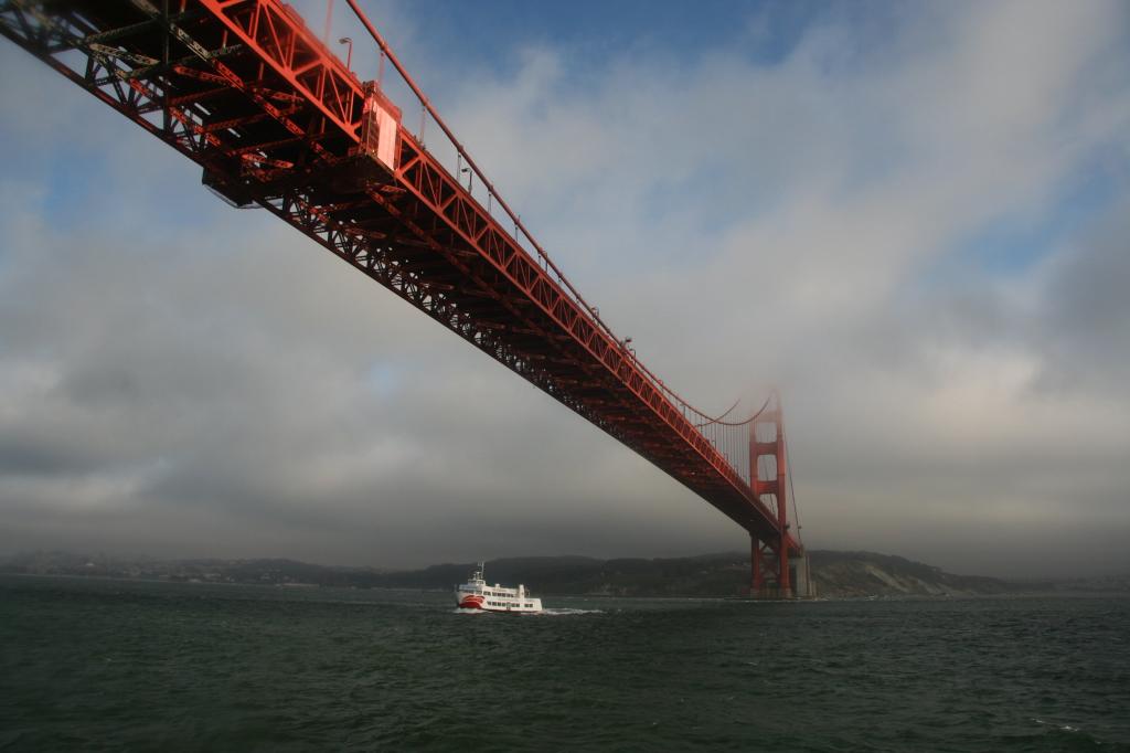 白色的游艇,在多云的天空,旧金山高清壁纸下红色的金属桥下面