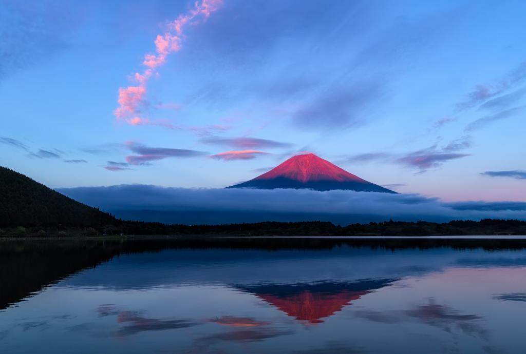 富士山,反射,日本,湖,傍晚,天空,云