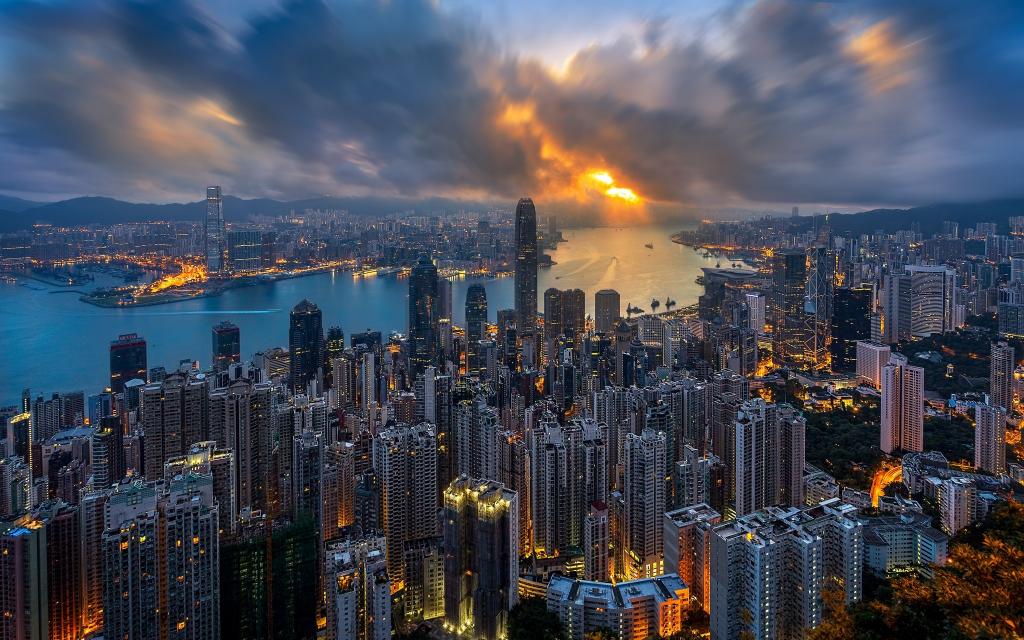 日落,云,城市,天空,海,香港