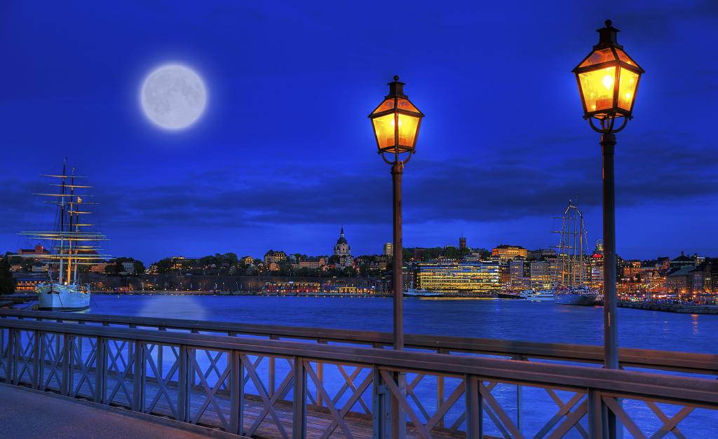 在灰色桥梁,斯德哥尔摩高清壁纸两个黑色钢后灯