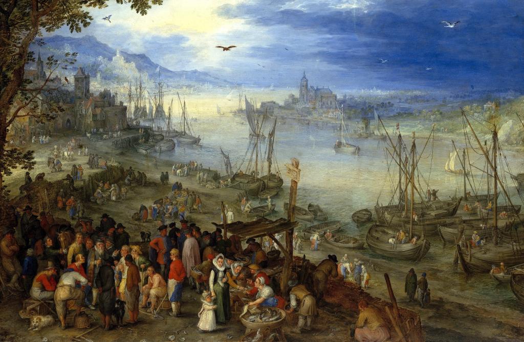 景观,Jan Brueghel老人,人们,河上的鱼市,船,图片
