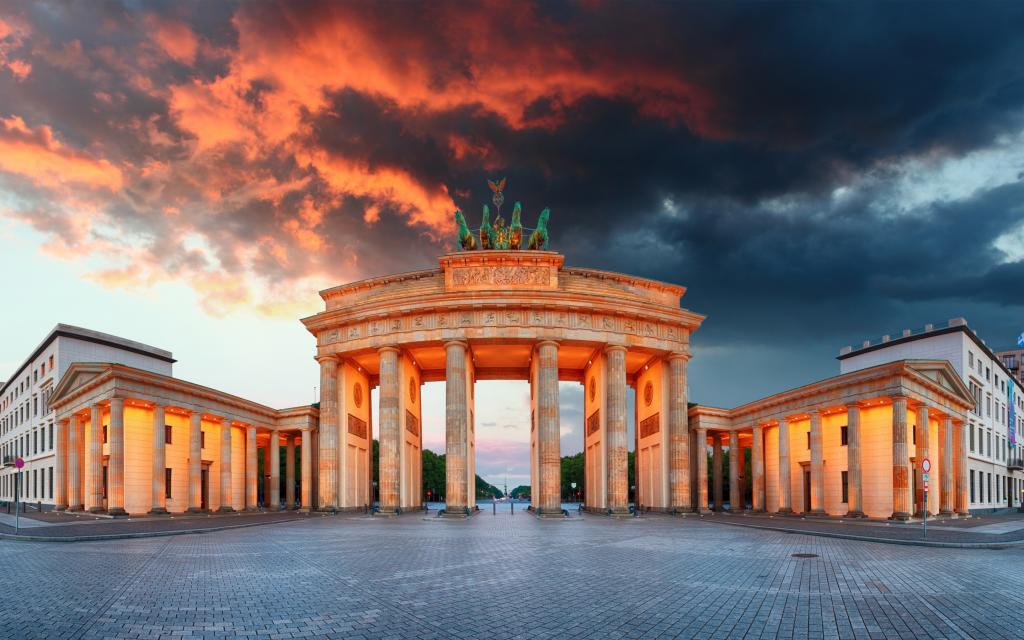 纪念碑,柏林,天空,晚上,勃兰登堡门,灯,勃兰登堡门,地区,建筑,德国,云