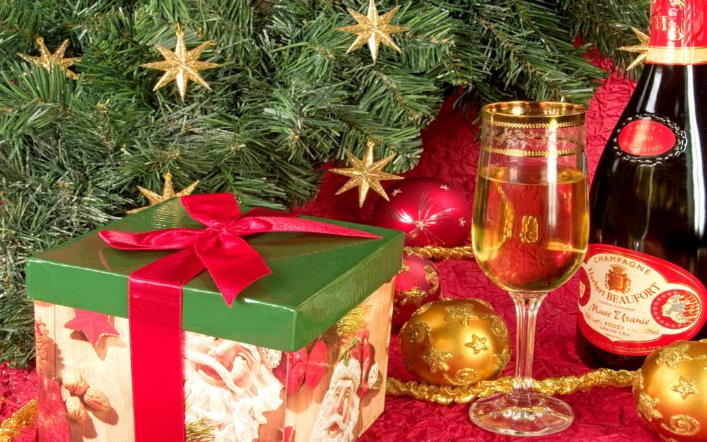 树,新的一年,礼物,玻璃,新的一年,香槟