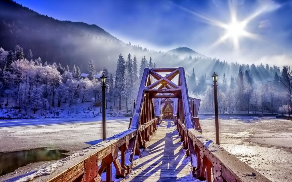 壁纸桥,雪,冬季,大自然,天空,森林