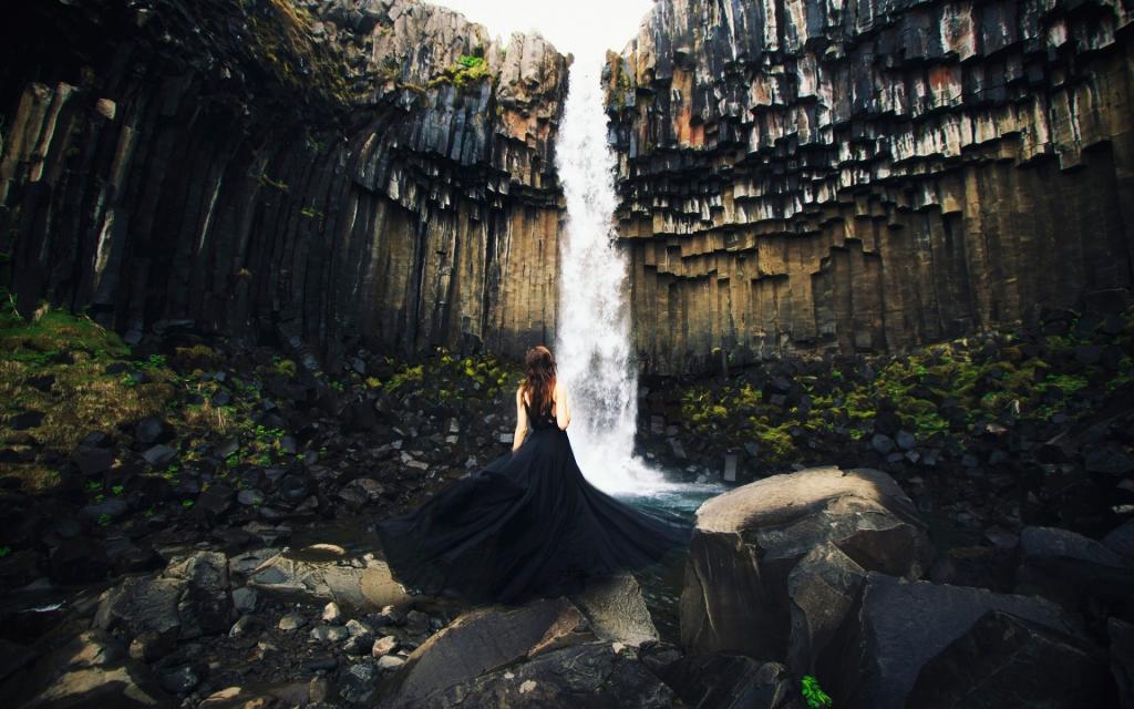 裙子,女孩,冰岛,流,瀑布,岩石,石头