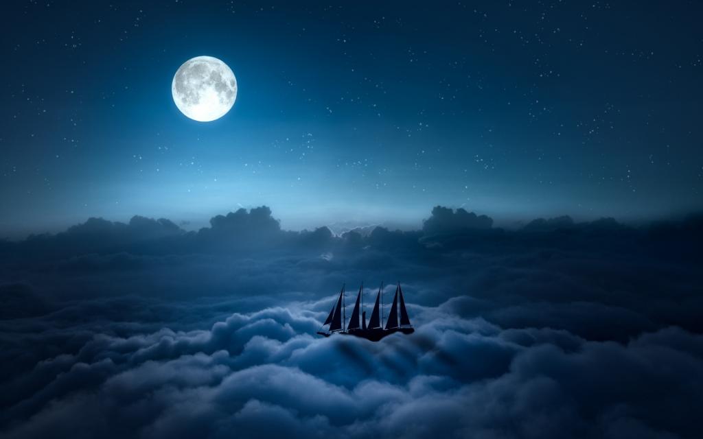月亮,夜晚,云彩,天空,星星,帆船